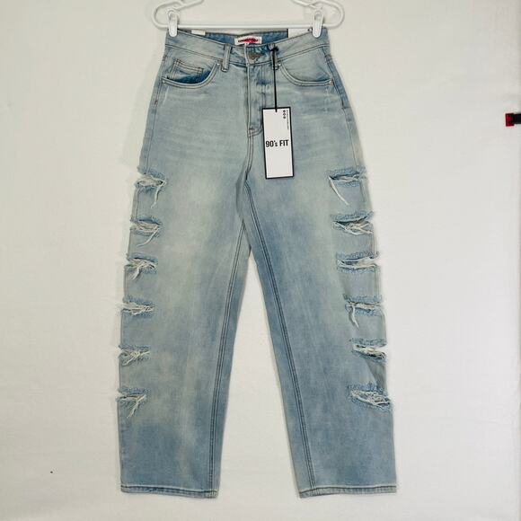 Almost Famous Baggy Jeans Women Size 5 Light Wash Holes Ripped Distress - Picture 1 of 12